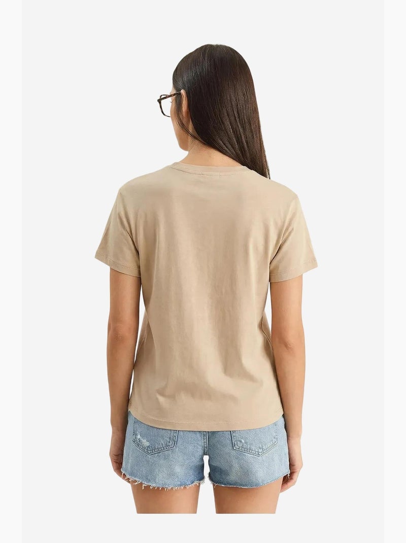 T-shirt bordada de gola redonda lucci Bege-argila - Kiabi