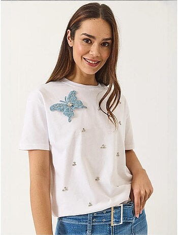 T-shirt bordada de gola redonda lucci