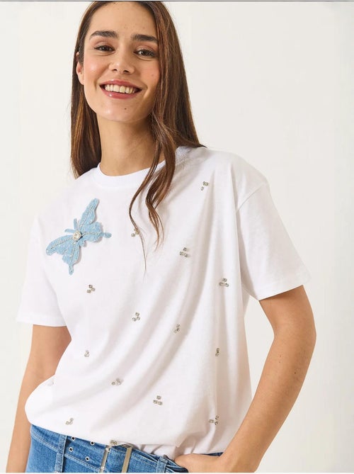 T-shirt bordada de gola redonda lucci - Kiabi