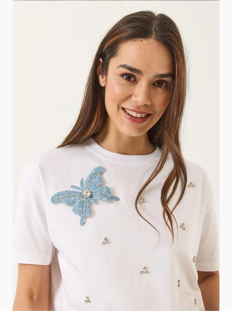 T-shirt bordada de gola redonda lucci Branco - Kiabi