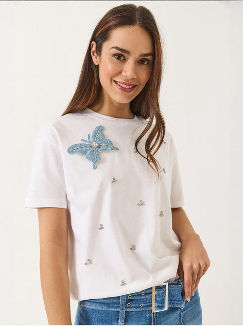 T-shirt bordada de gola redonda lucci - Kiabi