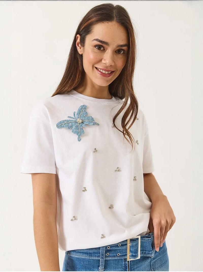 T-shirt bordada de gola redonda lucci Branco - Kiabi