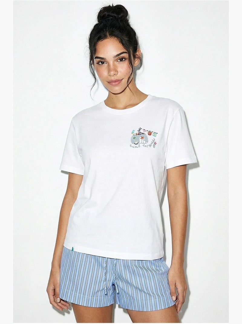 T-shirt bordada de gola redonda lucci Branco - Kiabi
