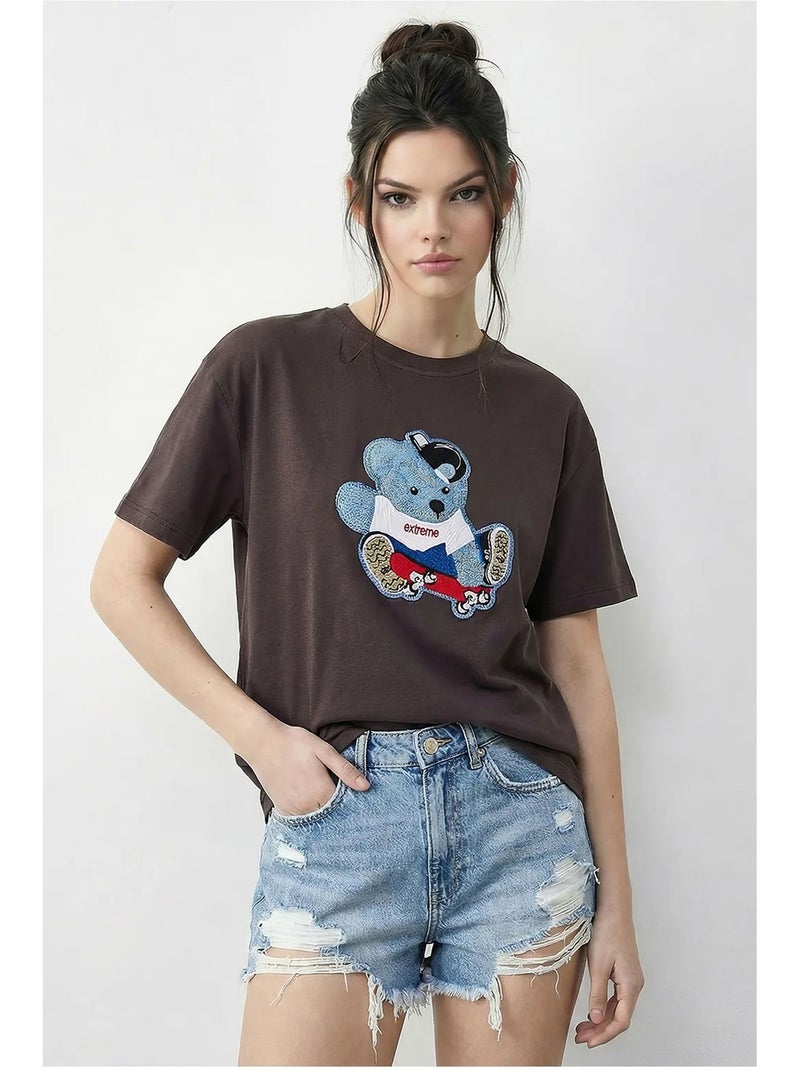 T-shirt bordada de gola redonda lucci Castanho-chocolate - Kiabi