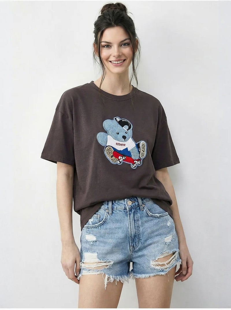 T-shirt bordada de gola redonda lucci Castanho-chocolate - Kiabi