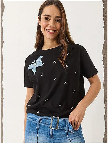 T-shirt bordada de gola redonda lucci