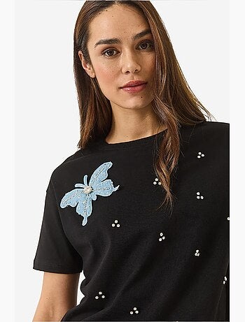T-shirt bordada de gola redonda lucci