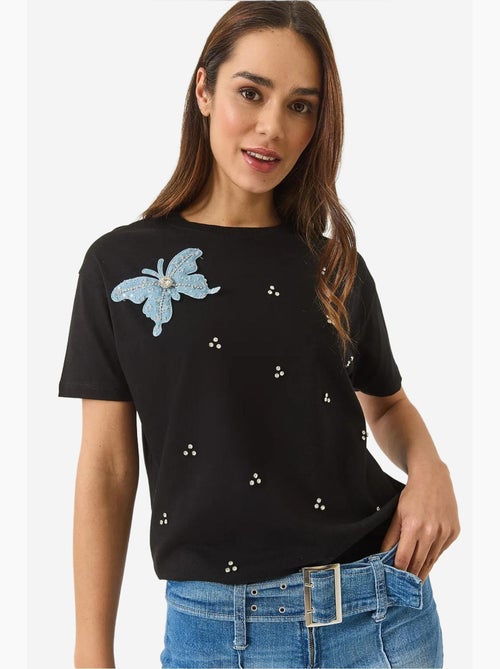 T-shirt bordada de gola redonda lucci - Kiabi
