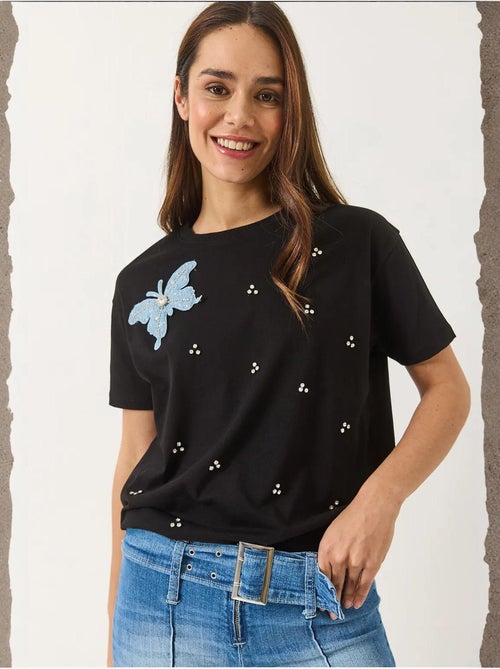 T-shirt bordada de gola redonda lucci - Kiabi