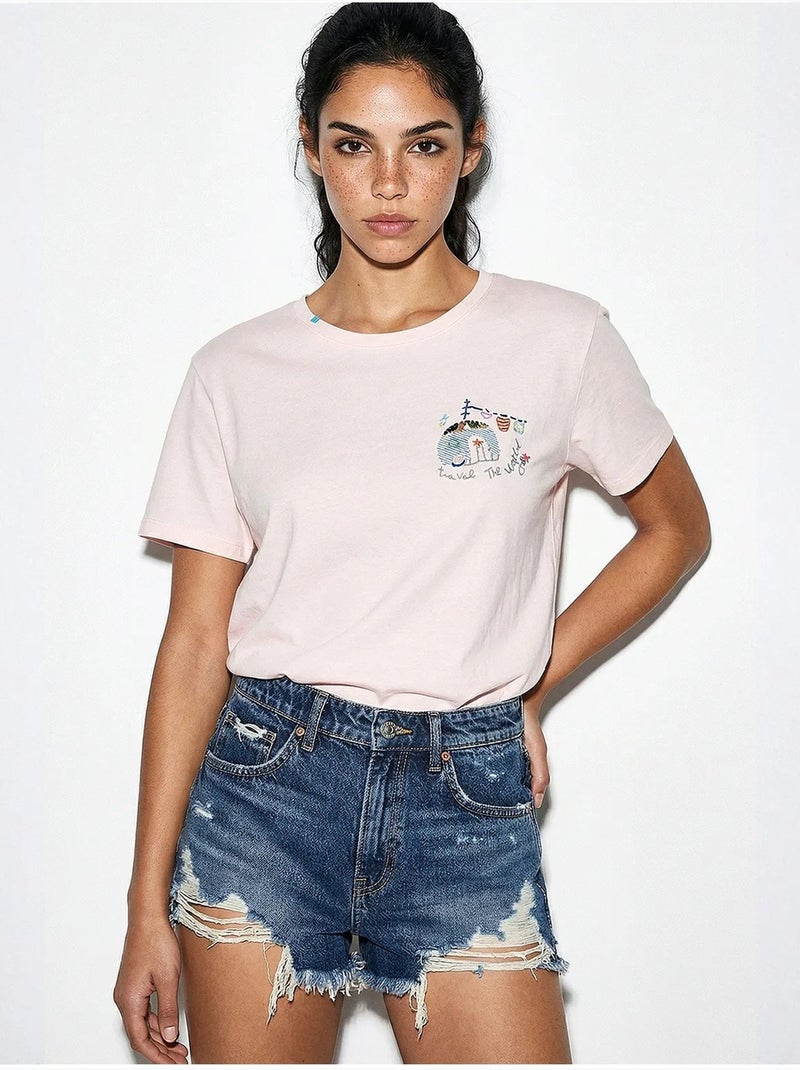 T-shirt bordada de gola redonda lucci Rosa-pálido - Kiabi