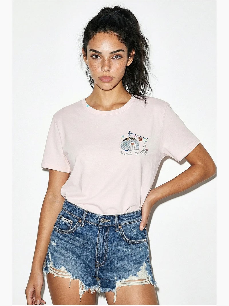 T-shirt bordada de gola redonda lucci Rosa-pálido - Kiabi