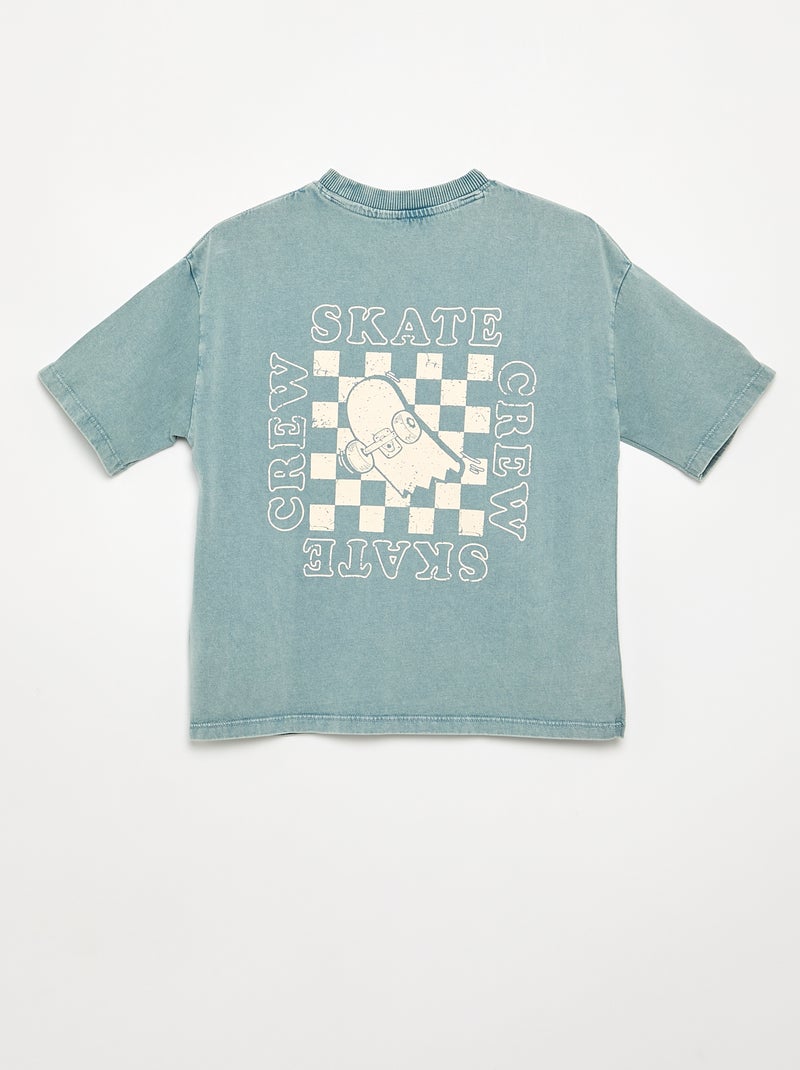 T-shirt bordado e estampado de manga curta Azul - Kiabi