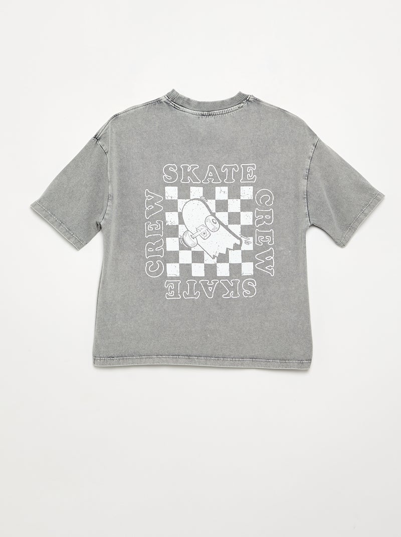 T-shirt bordado e estampado de manga curta Cinza - Kiabi