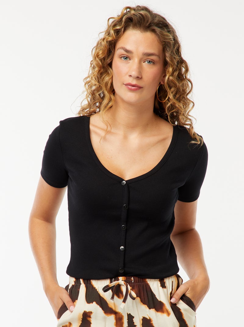 T-shirt canelada com abertura com botões Preto - Kiabi