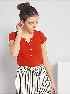 T-shirt canelada com botões - Kiabi