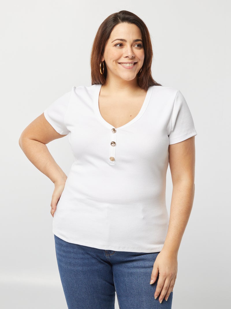 T-shirt canelada com decote com botões Branco - Kiabi