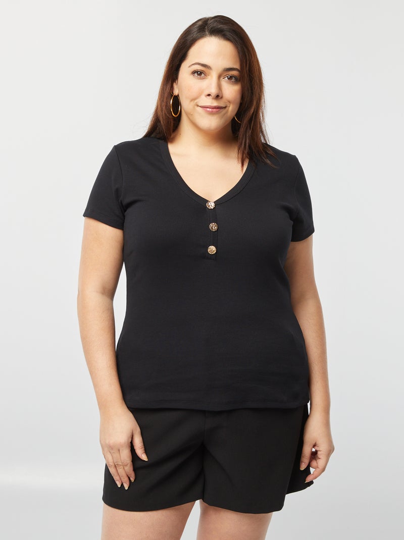 T-shirt canelada com decote com botões Preto - Kiabi