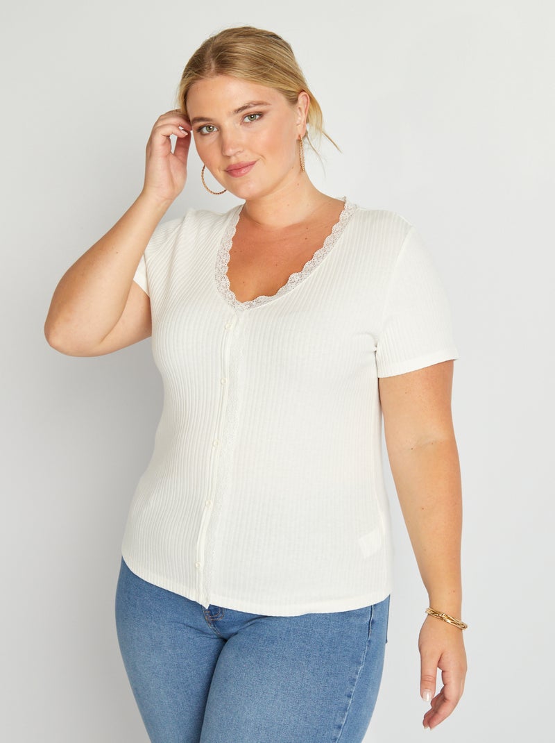 T-shirt canelada com decote em bico BRANCO - Kiabi