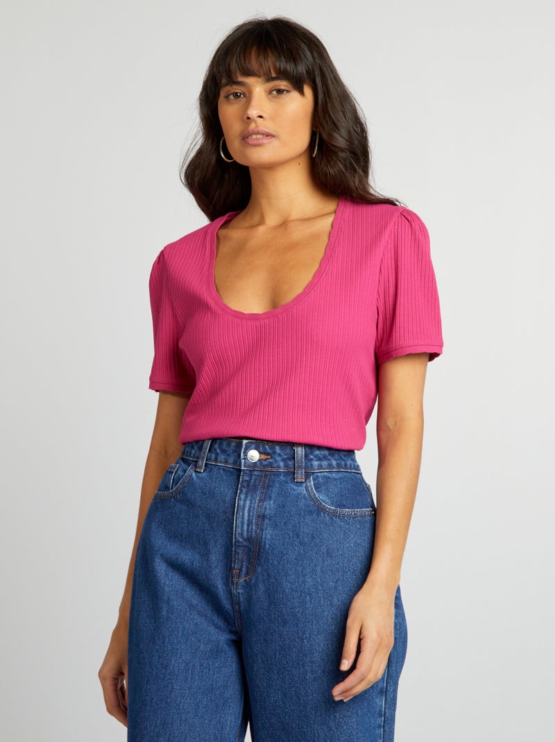 T-shirt canelada com decote pronunciado ROSA - Kiabi