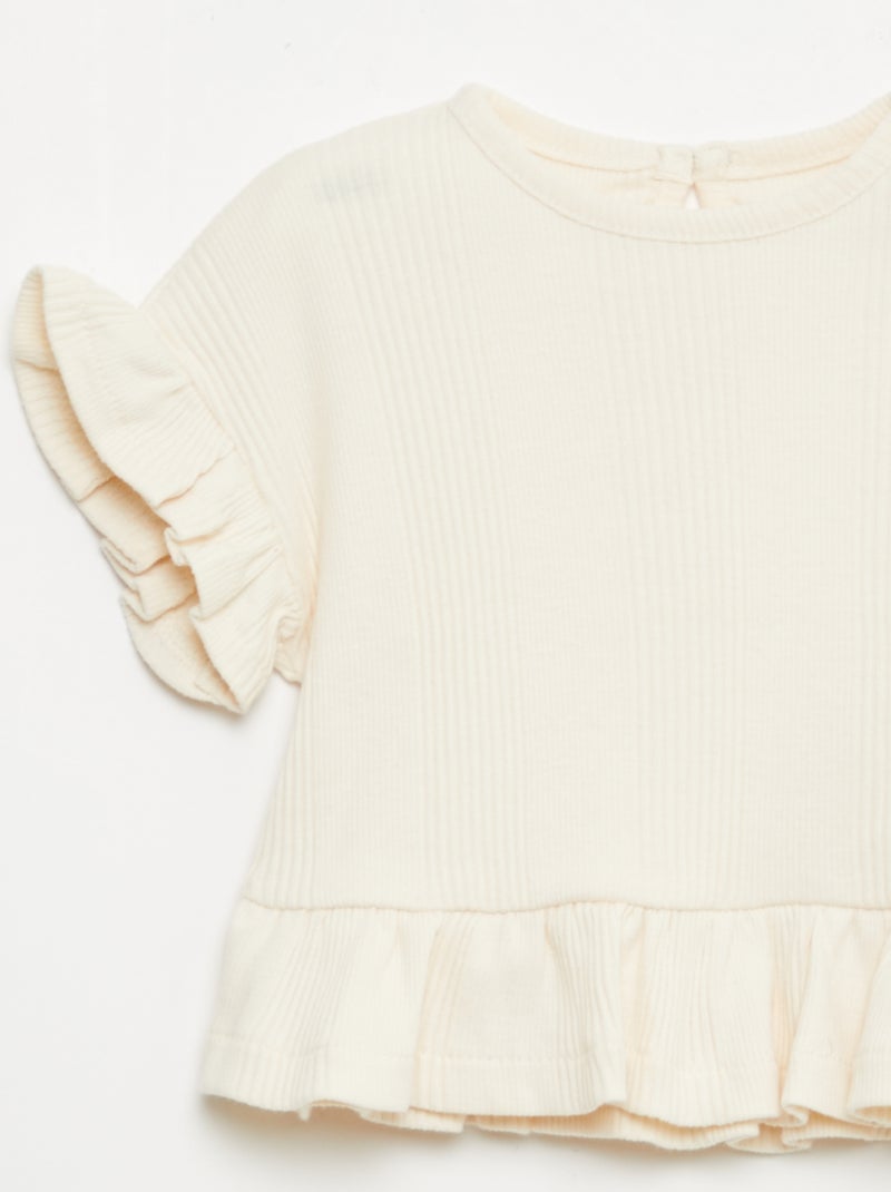 T-shirt canelada com detalhes franzidos Beige - Kiabi
