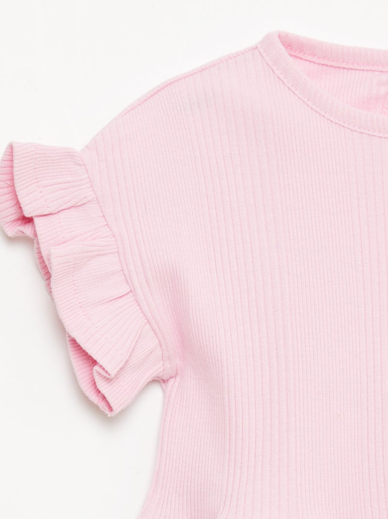 T-shirt canelada com detalhes franzidos Rosa - Kiabi