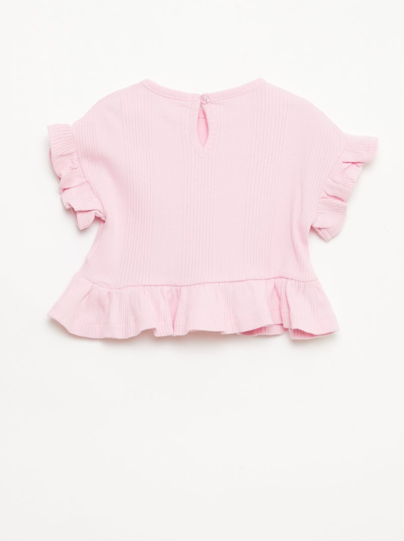 T-shirt canelada com detalhes franzidos Rosa - Kiabi