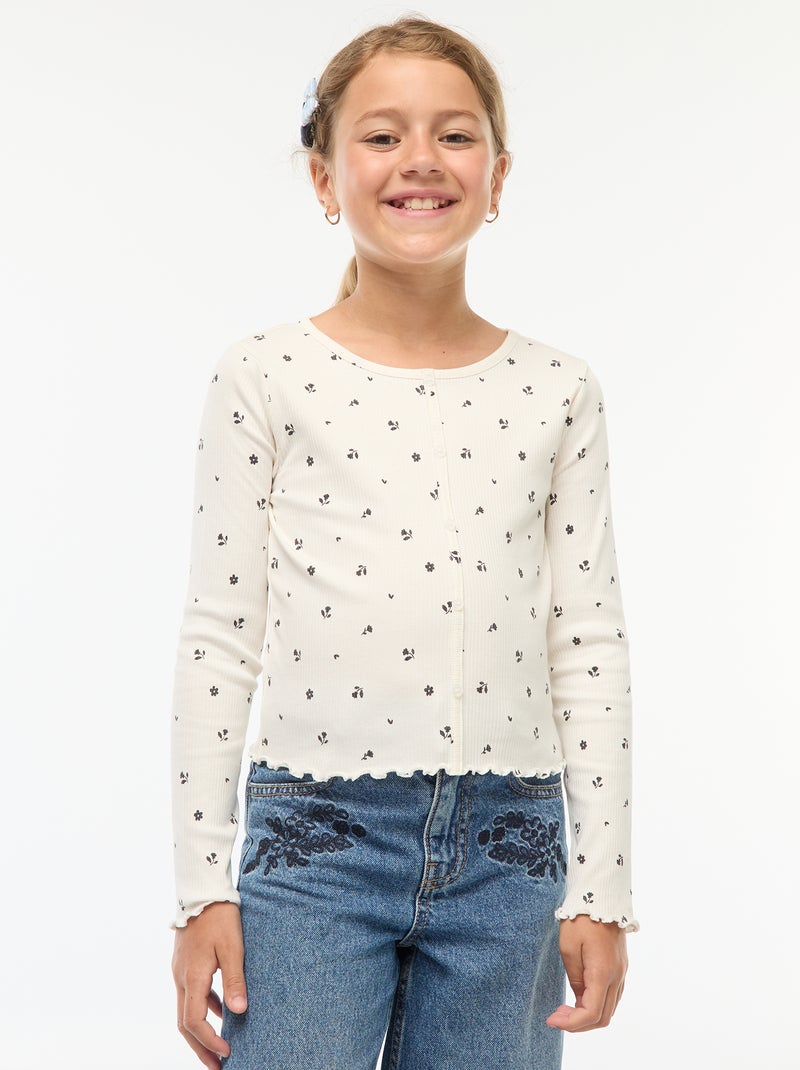 T-shirt canelada com flores Bege - Kiabi