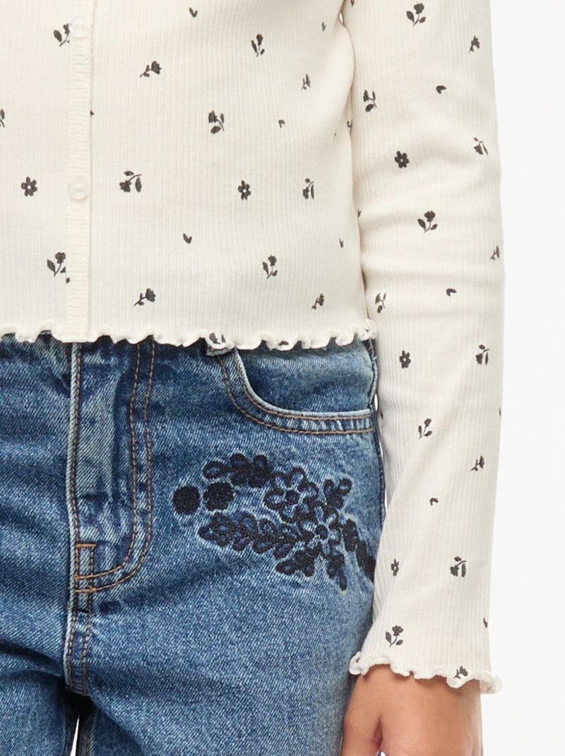 T-shirt canelada com flores Bege - Kiabi