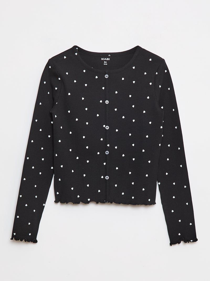 T-shirt canelada com flores Preto - Kiabi