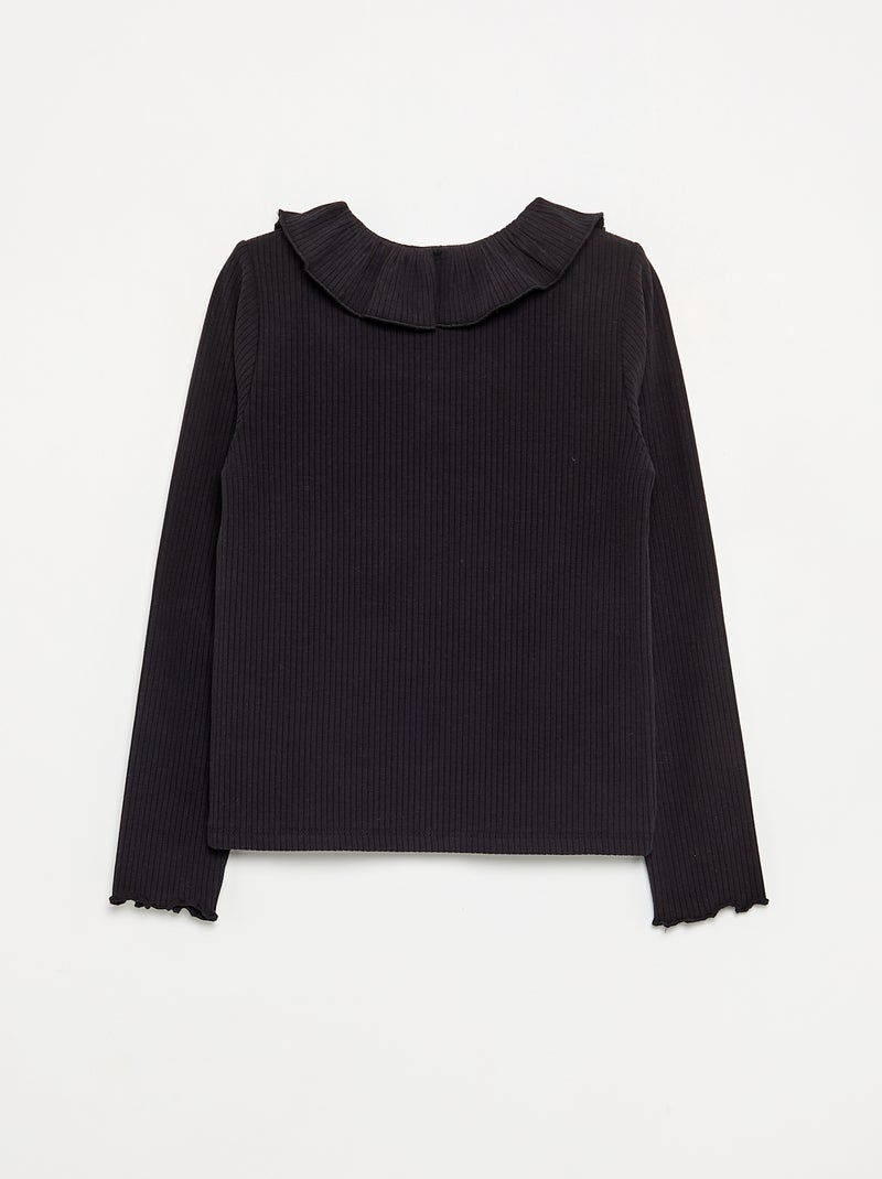 T-shirt canelada com gola babada Preto - Kiabi