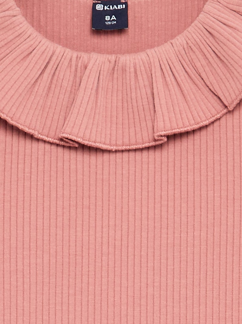 T-shirt canelada com gola babada Rosa - Kiabi