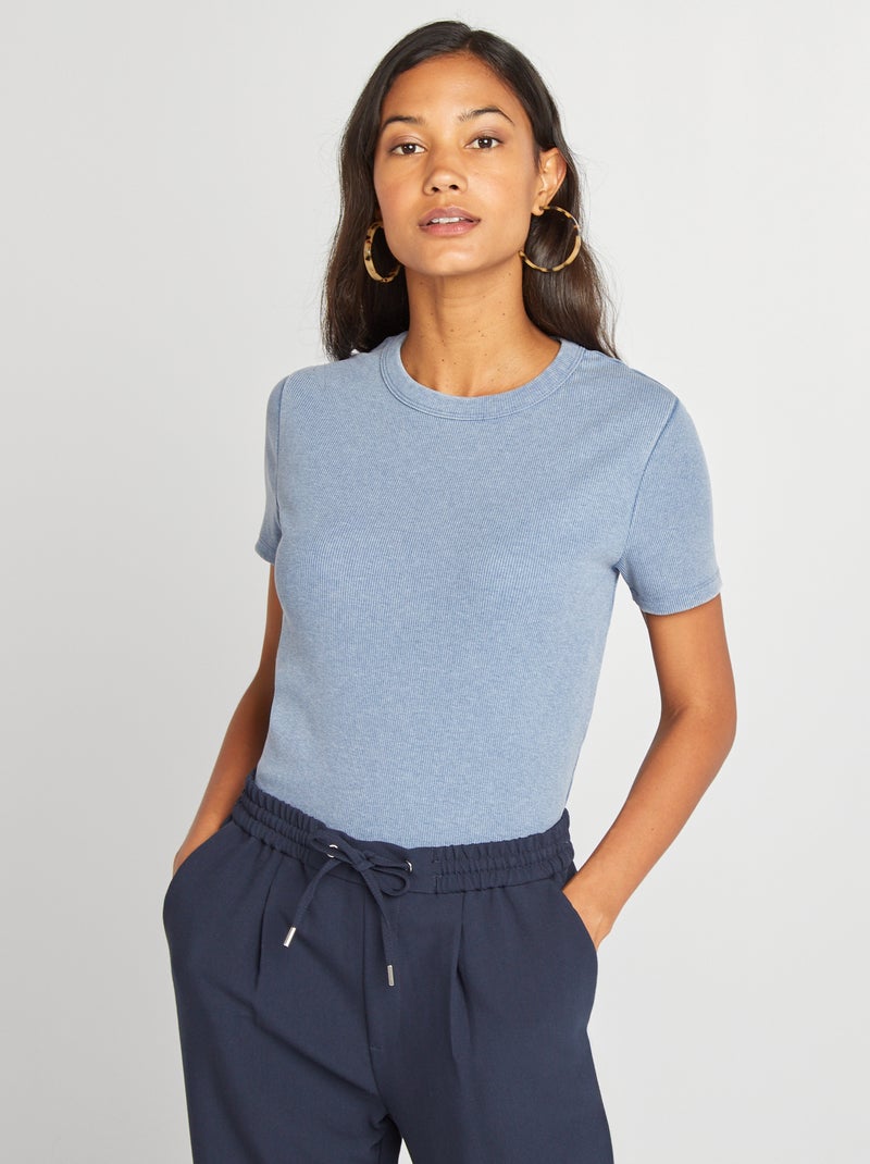 T-shirt canelada com gola redonda AZUL - Kiabi