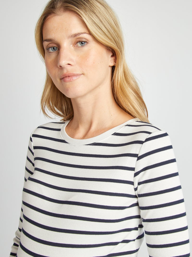 T-shirt canelada com gola redonda AZUL - Kiabi