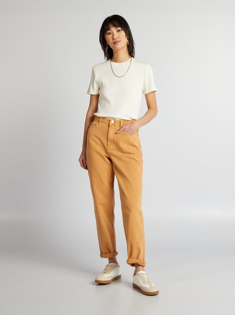T-shirt canelada com gola redonda BEGE - Kiabi
