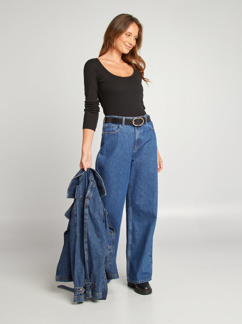 T-shirt canelada com gola redonda Preto - Kiabi