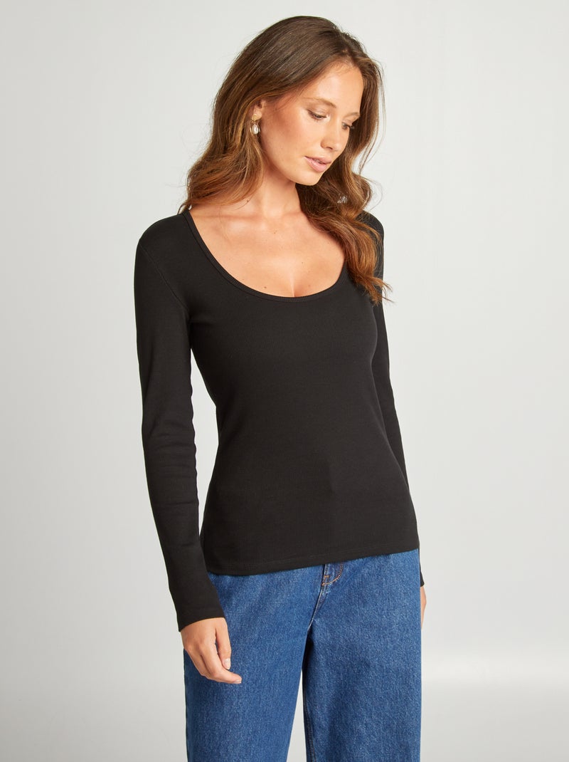 T-shirt canelada com gola redonda Preto - Kiabi