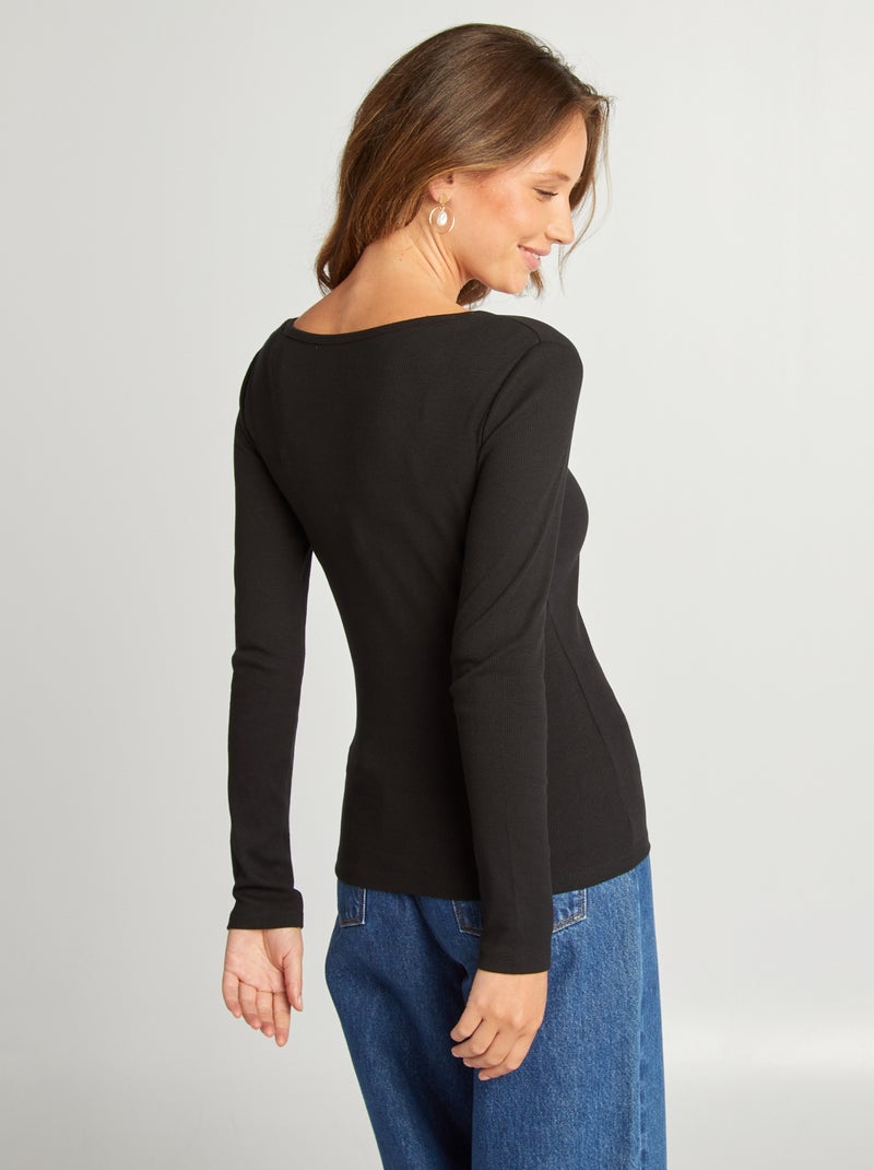 T-shirt canelada com gola redonda Preto - Kiabi