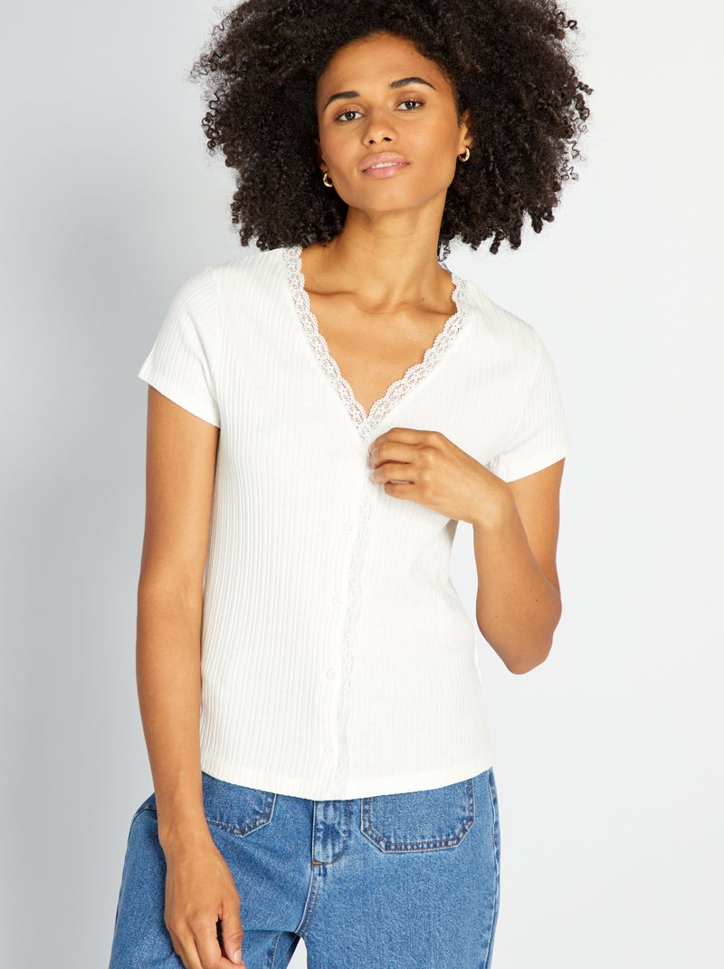 T-shirt canelada com renda Branco - Kiabi