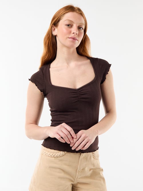 T-shirt canelada de manga curta com mangas com folhos - Kiabi