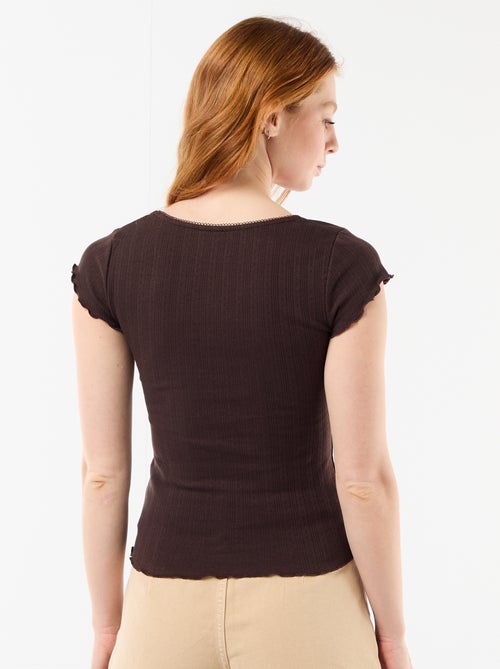 T-shirt canelada de manga curta com mangas com folhos - Kiabi