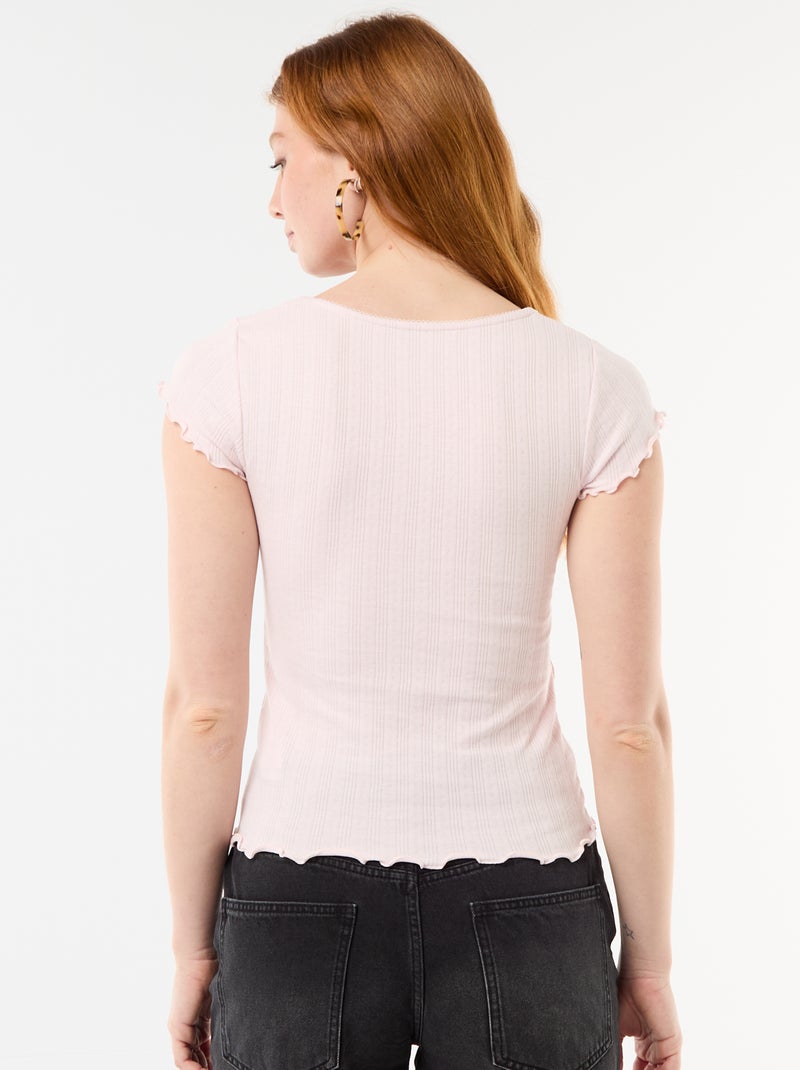 T-shirt canelada de manga curta com mangas com folhos Rosa - Kiabi