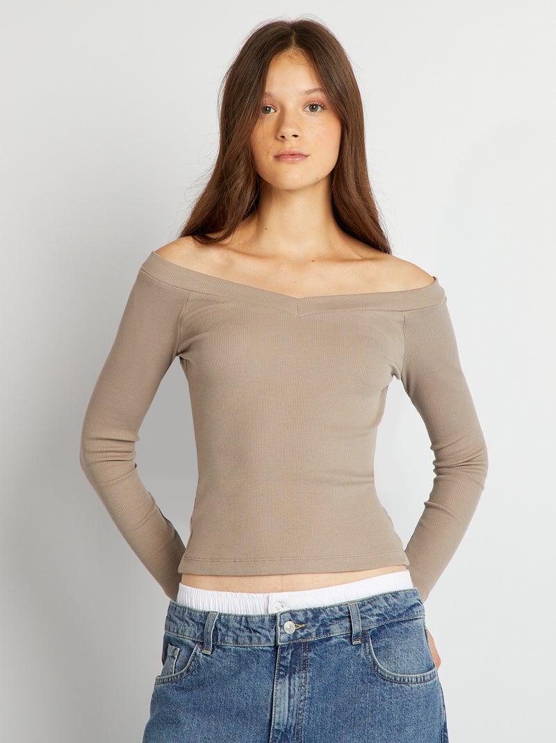 T-shirt canelada e decote em bico BEGE - Kiabi