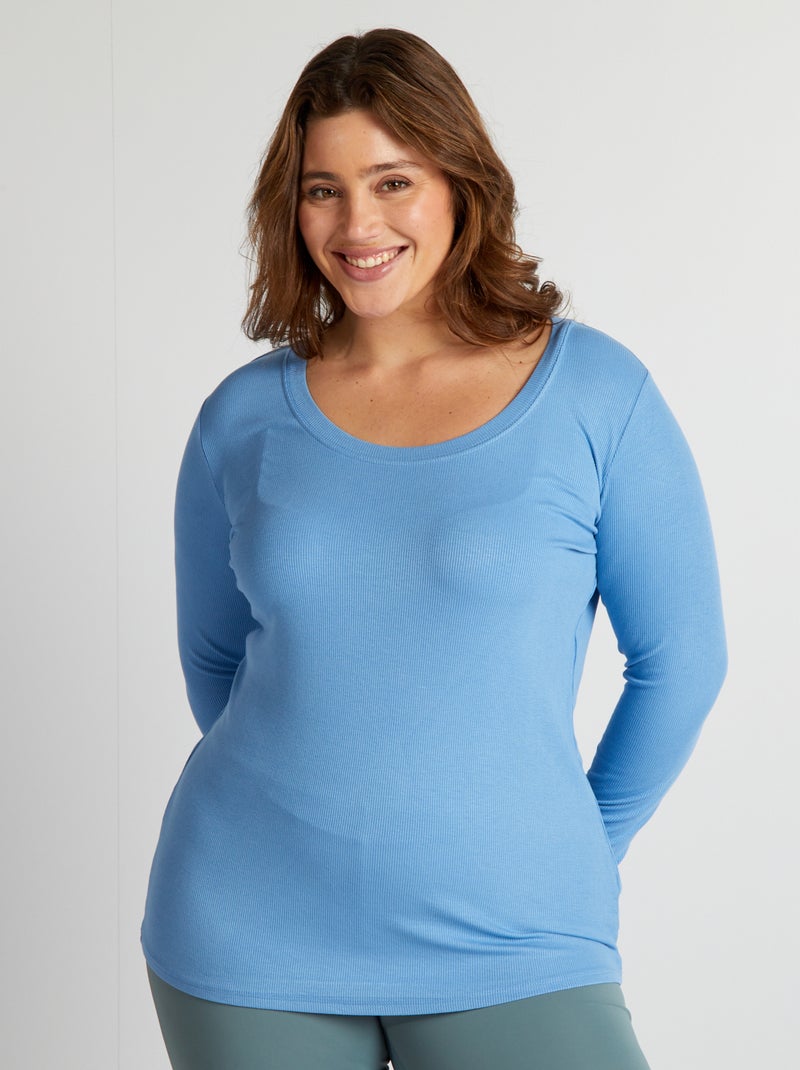 T-shirt canelada fluida e decote largo AZUL - Kiabi