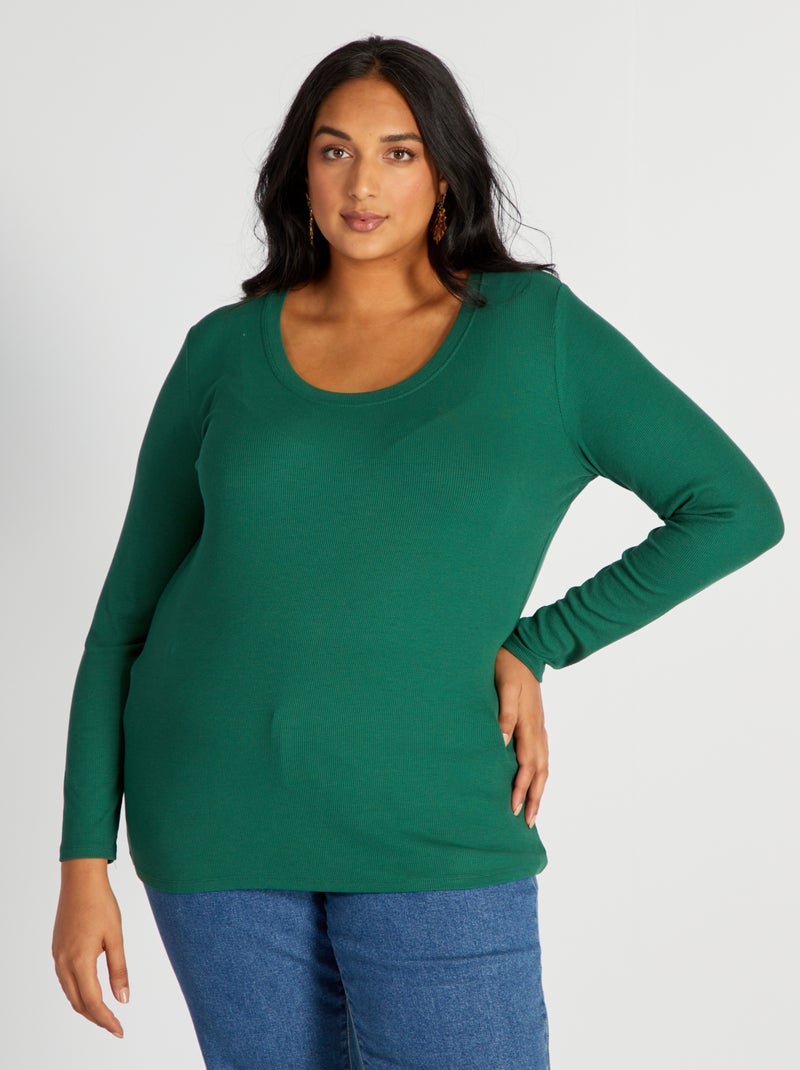 T-shirt canelada fluida e decote largo Verde - Kiabi