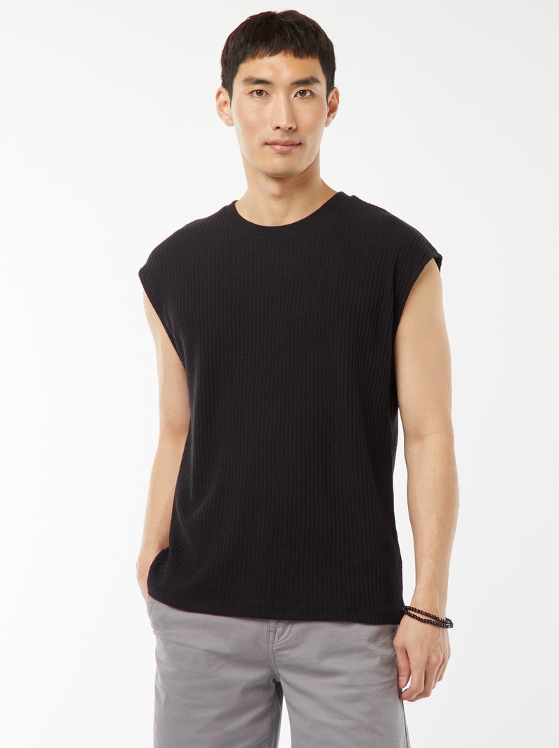 T-shirt canelada lisa sem mangas Preto - Kiabi