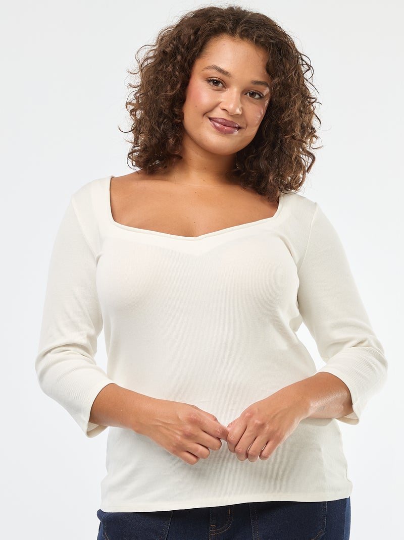 T-shirt canelado com decote amplo Branco - Kiabi