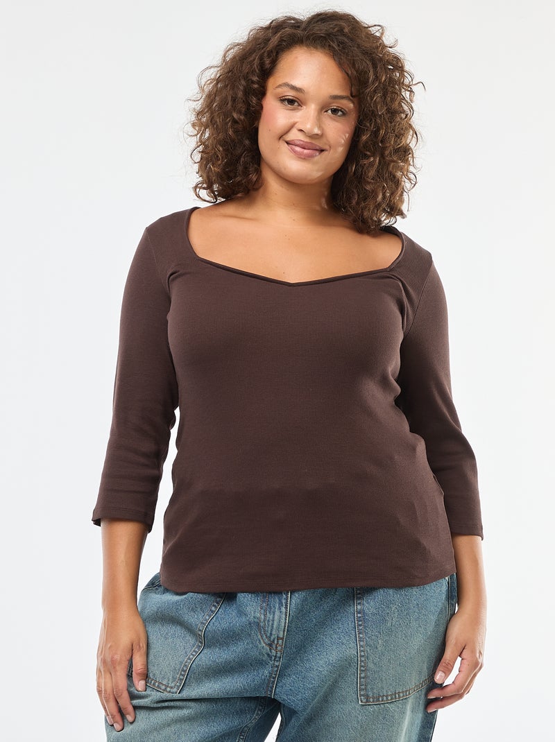 T-shirt canelado com decote amplo Castanho - Kiabi