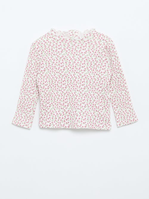 T-shirt canelado com gola ondulada - Kiabi