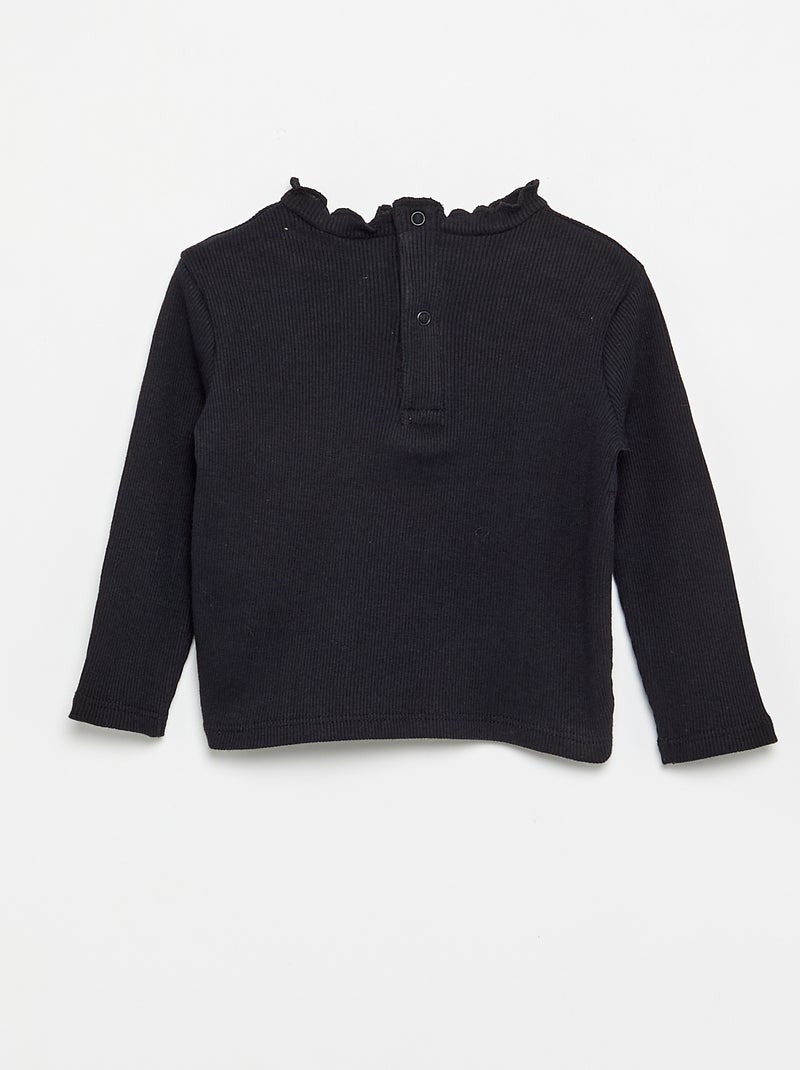 T-shirt canelado com gola ondulada Preto - Kiabi
