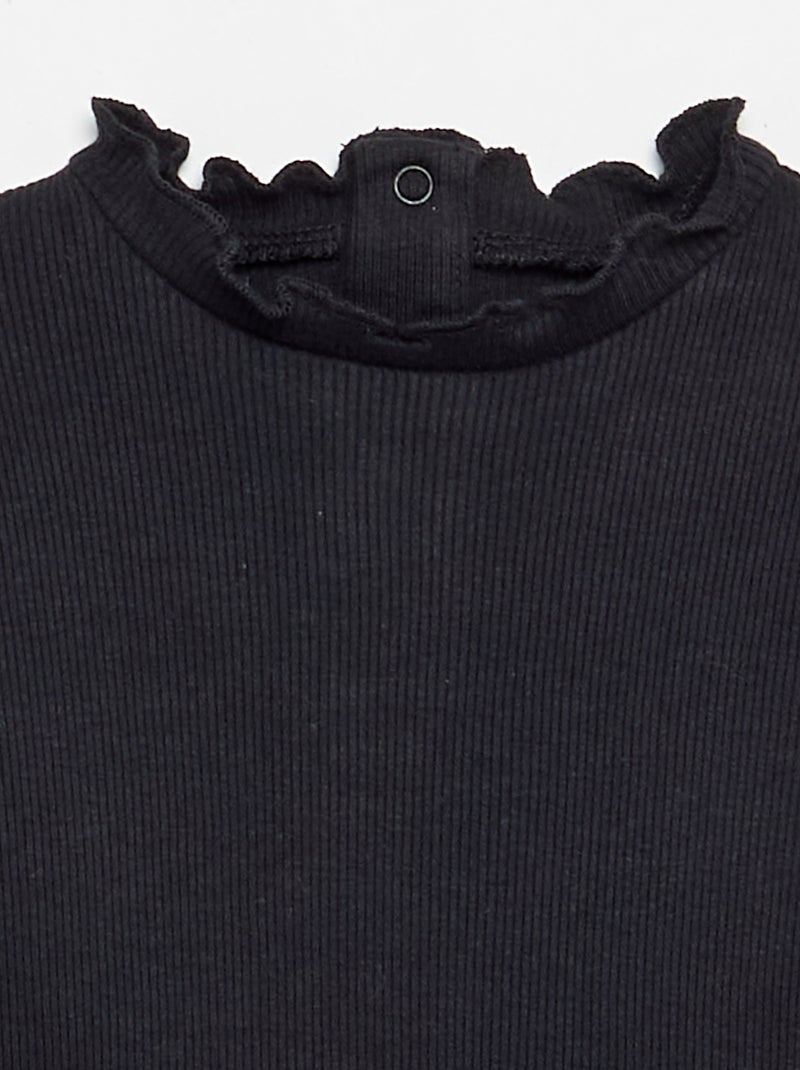 T-shirt canelado com gola ondulada Preto - Kiabi
